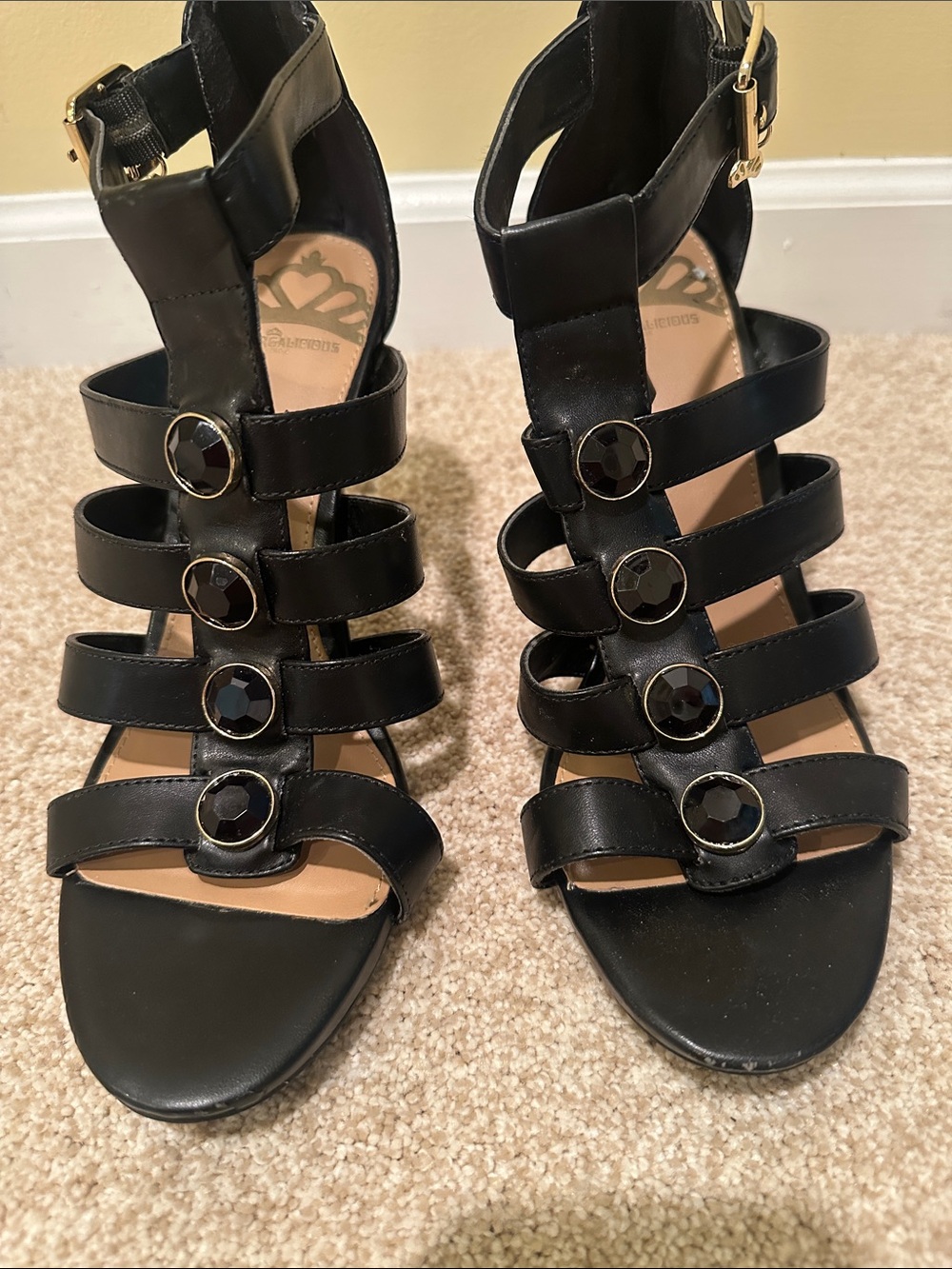 Fergalicious Black Strappy Heeled Sandals with Gem Accents